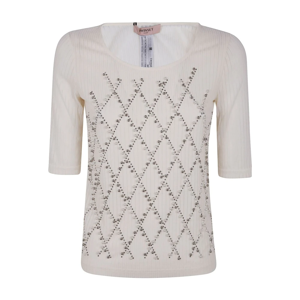 Twinset Witte Diamantpatroon Gebreide Shirt White Dames