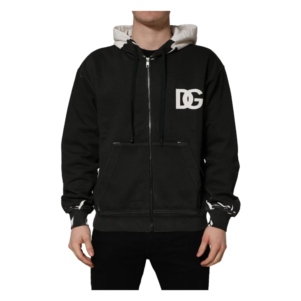Dolce & Gabbana Zip-Throughs, Male, L, Cotton Logo Hooded Full Zip Jumper Black
