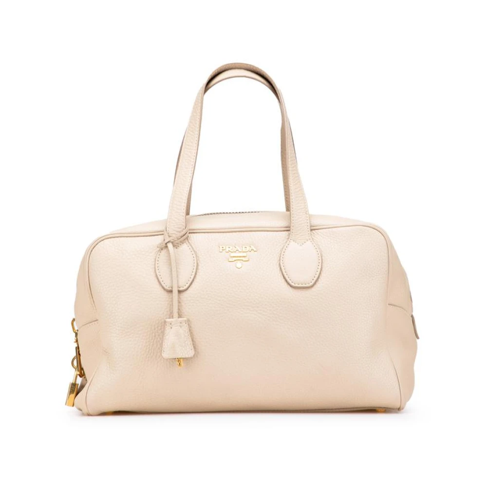 Prada Vintage Damen Weiß Gebrauchte Elegante Texturierte Lederhandtasche Mit Oberen Griffen