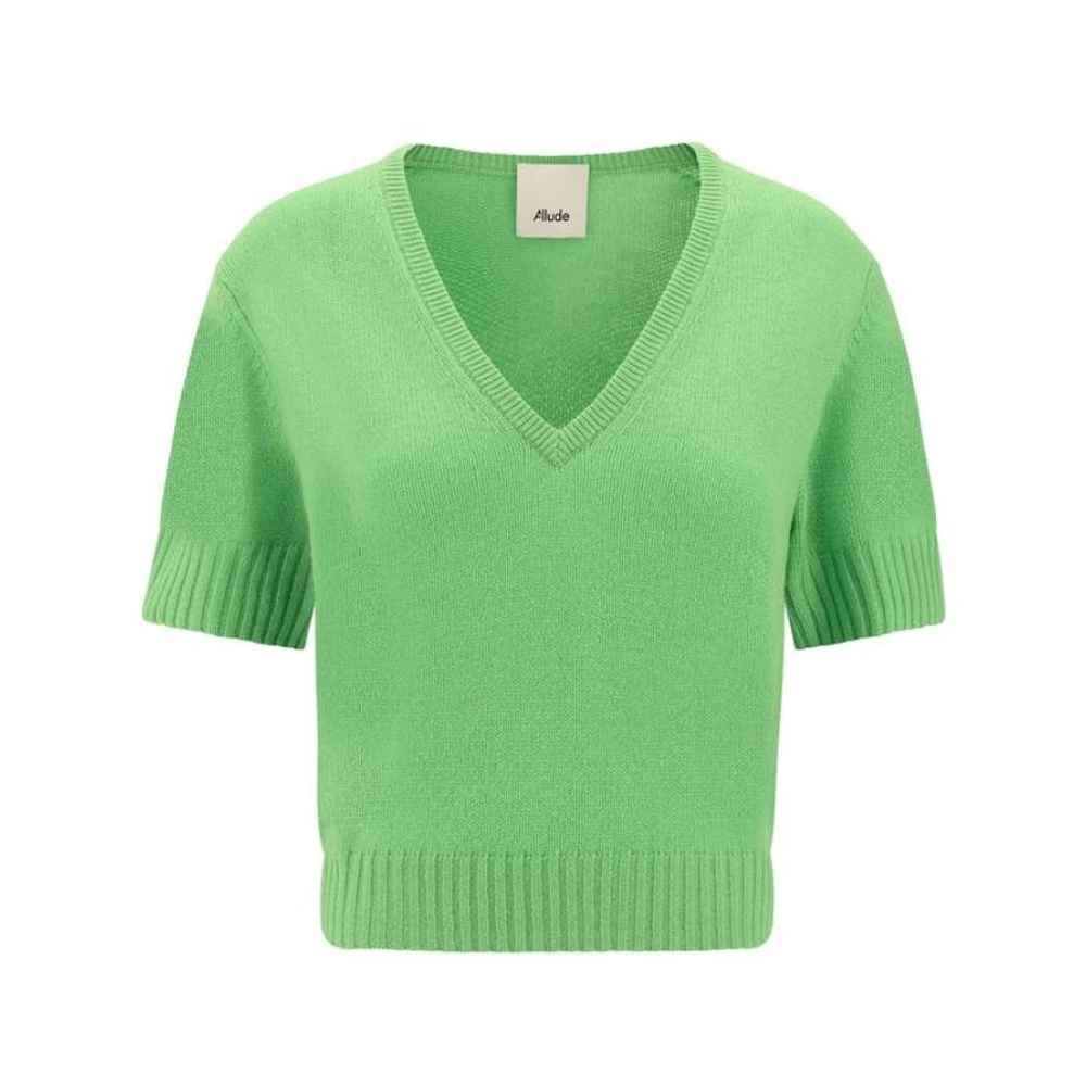 Allude Korte mouw V-hals kasjmier trui Green Dames