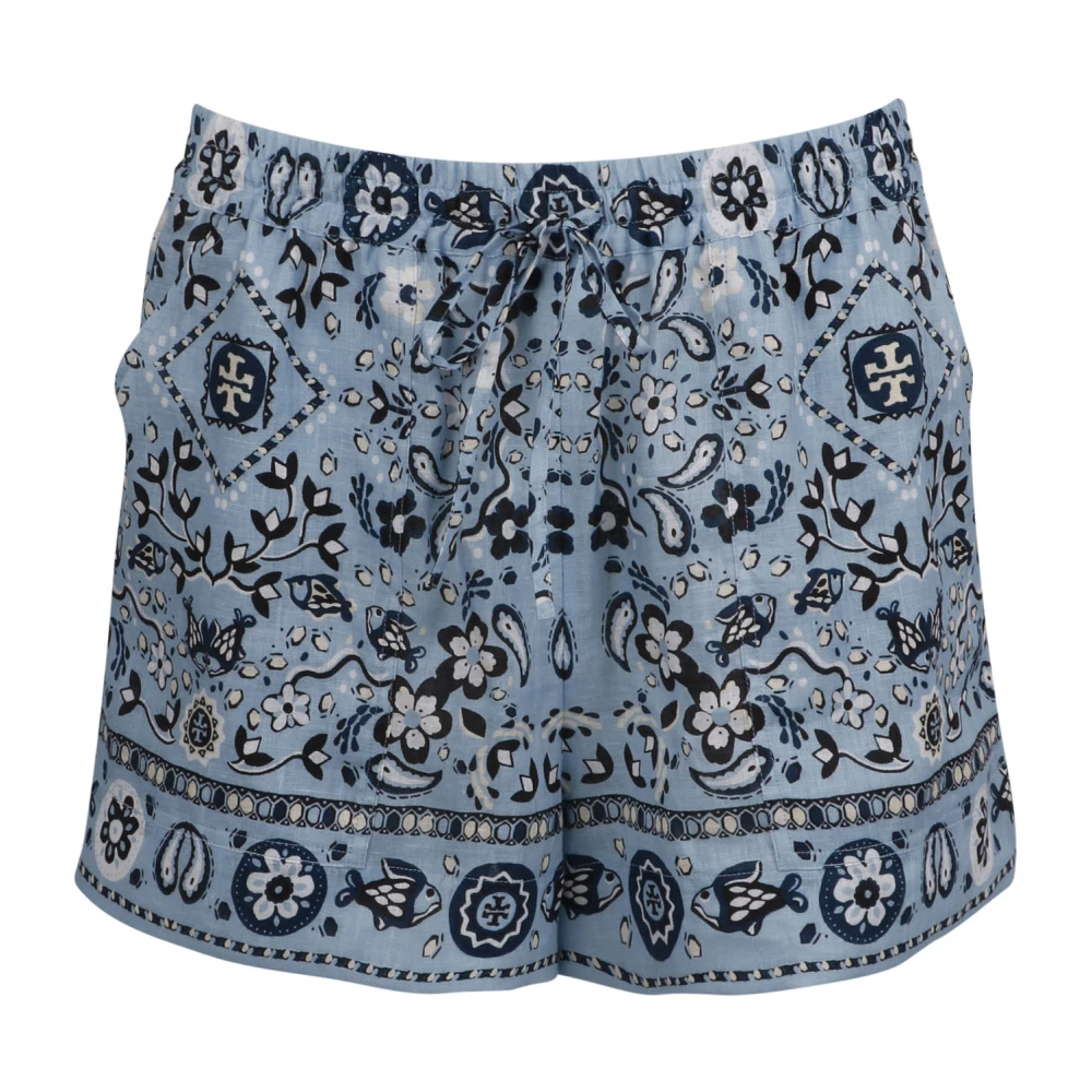 TORY BURCH Bedrukte linnen shorts Blue Dames