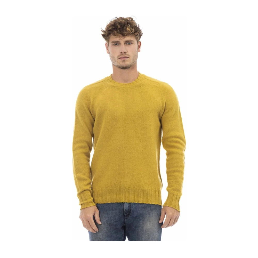 Alpha Studio Elegante Gele Wol Crewneck Sweater Yellow Heren