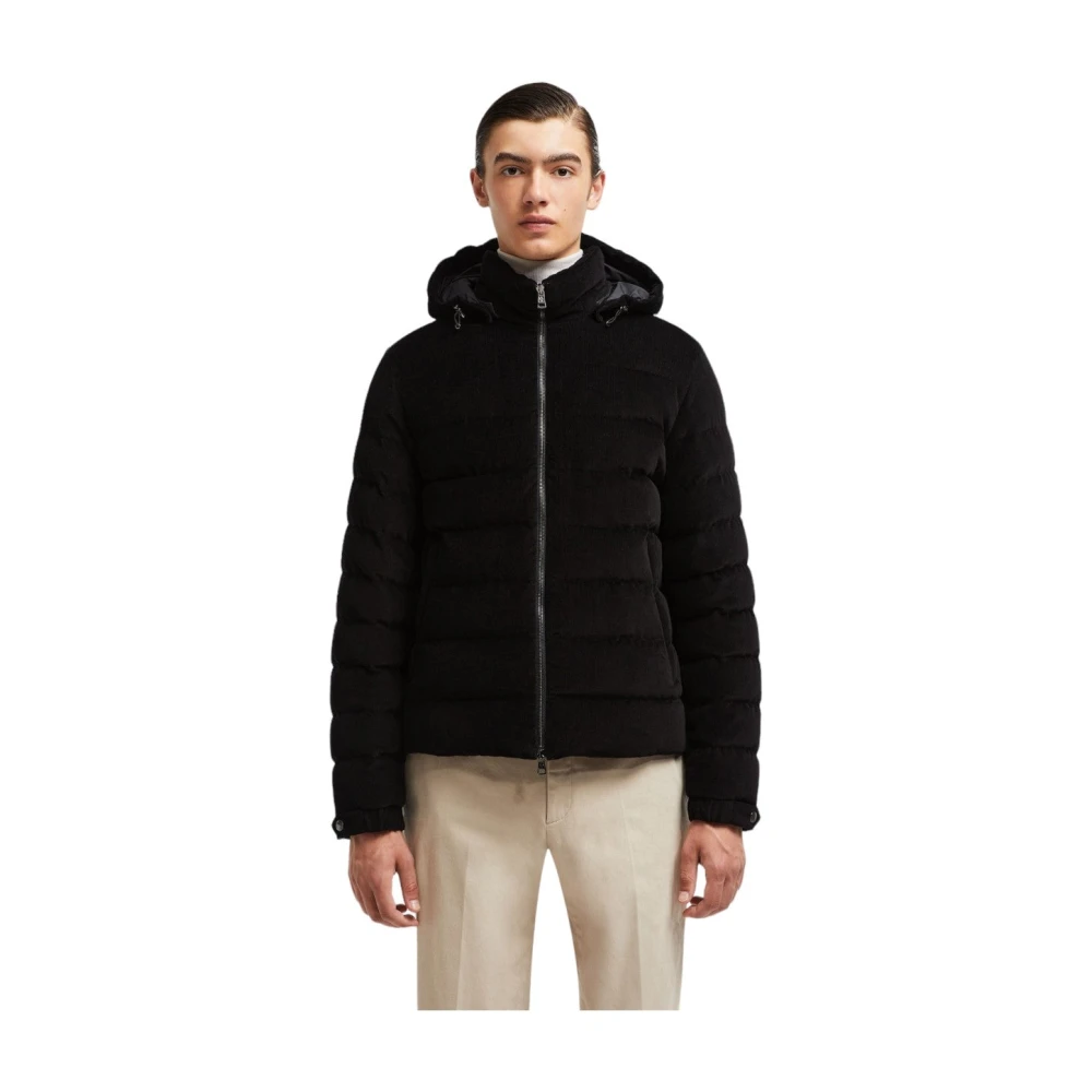 Moncler Corduroy Donsjas met Leren Afwerking Black Heren