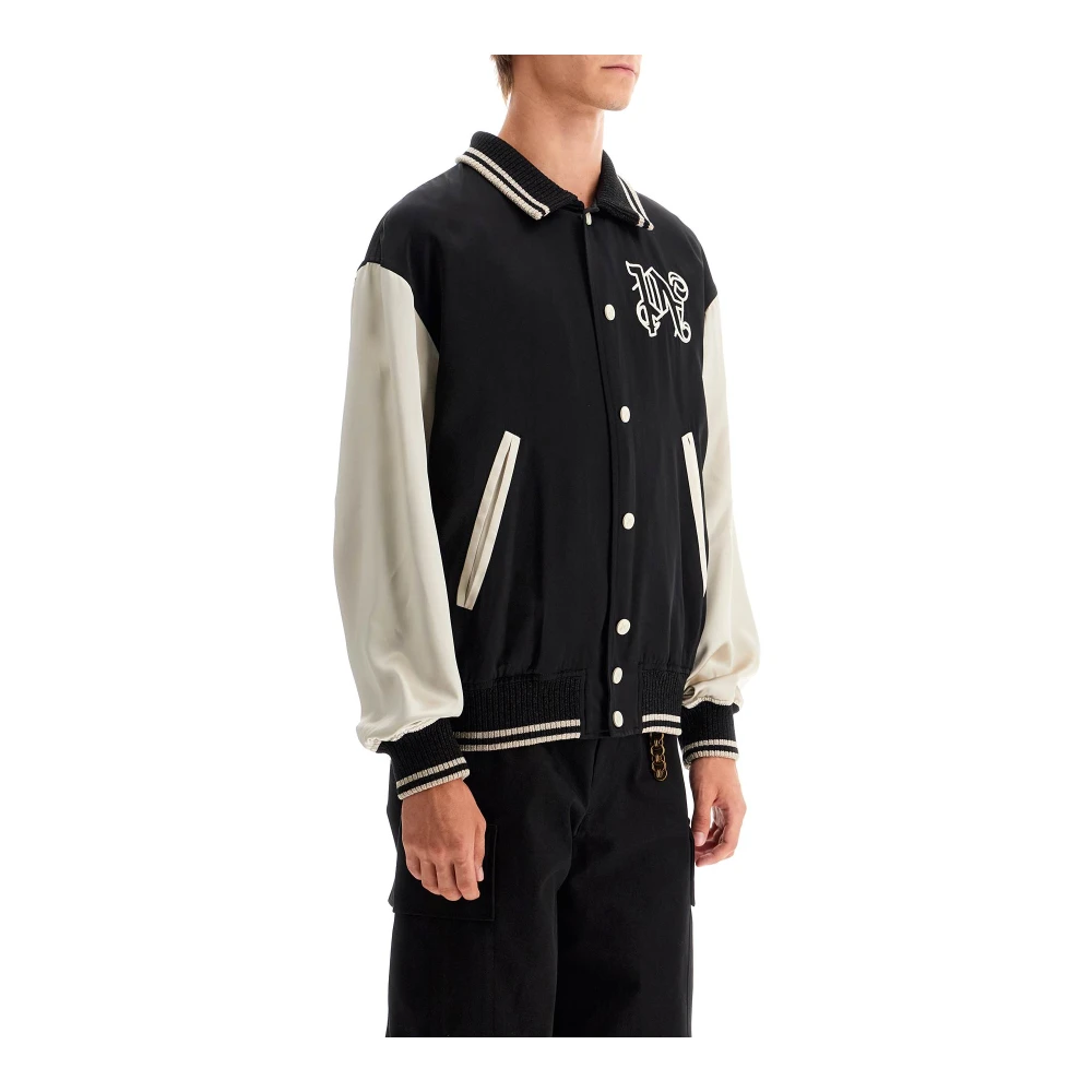 Palm Angels Satin Varsity Jacka med Gotiskt Logotyp Black, Herr