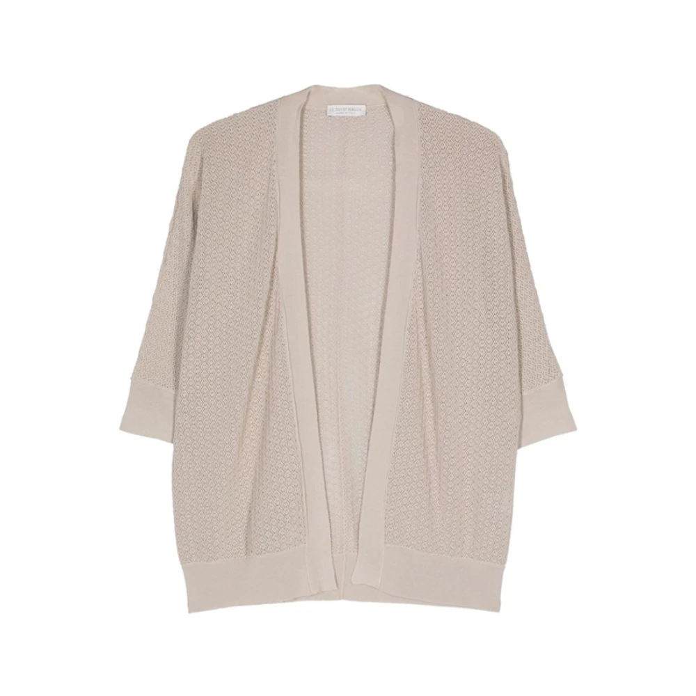 Beige Bomull Åpenstrikket Cardigan