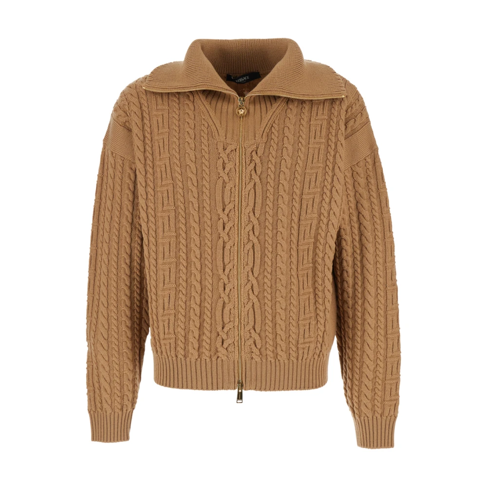 Versace Mannelijk Beige Truien & Vesten Heren, S, Wol, Geborduurde Wollen Gebreide Sweater Met Rits