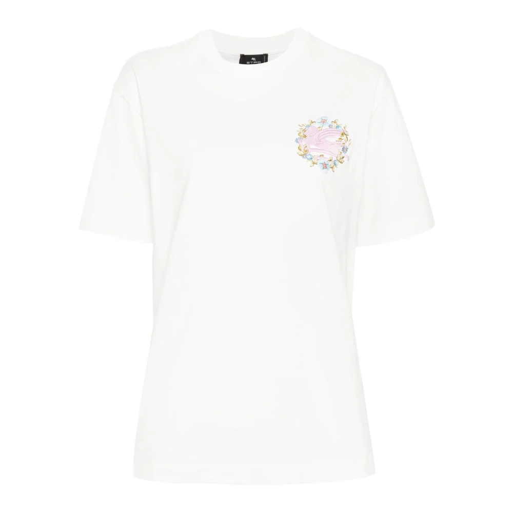 ETRO Bloemen Pegasus Crewneck Katoenen T-shirt White Dames