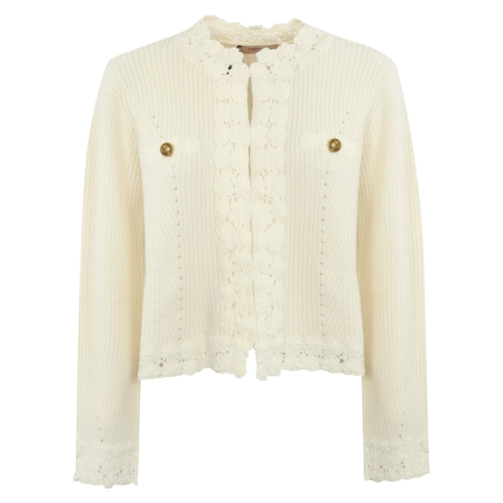 Twinset Gehaakte Gebreide Bloemenjas Wit Beige Dames