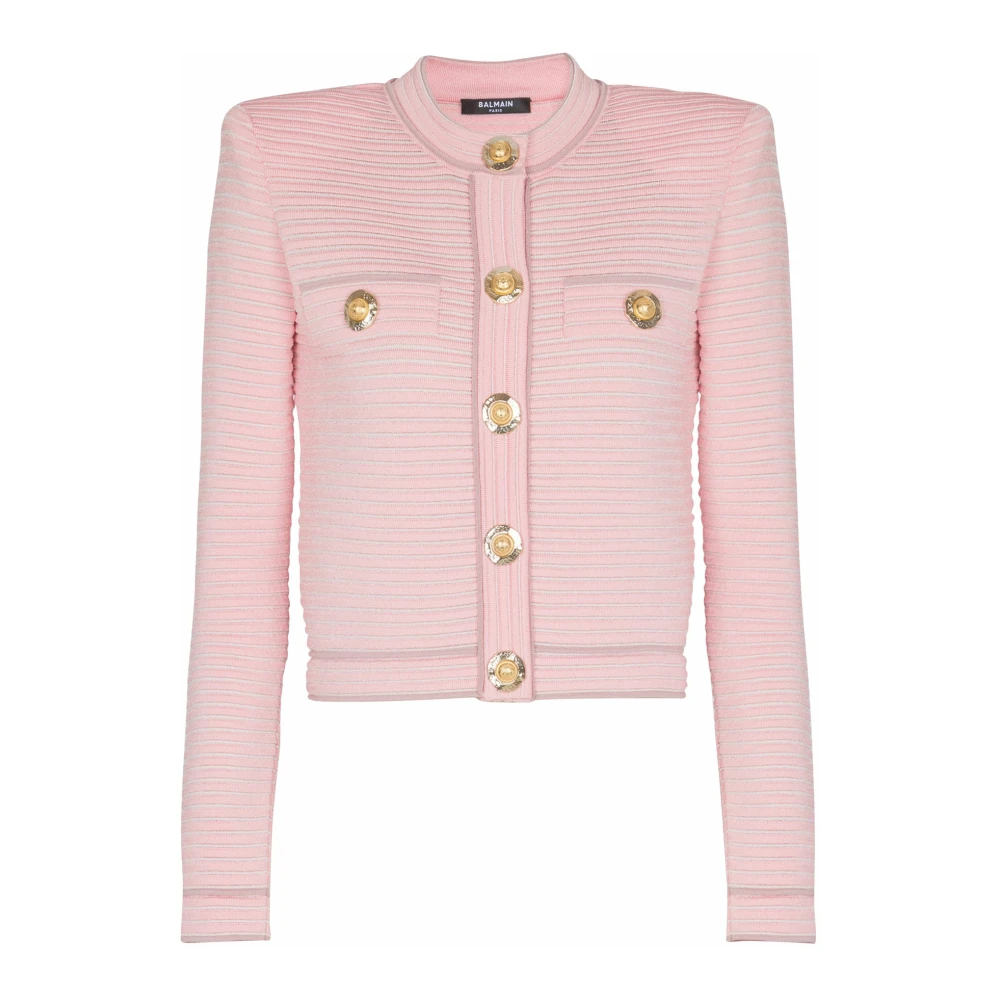 Balmain Donna Rosa Cardigan Lungo In Maglia Testurizzata A Maniche Lunghe