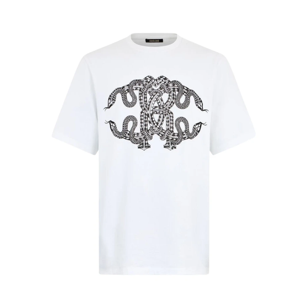 Roberto Cavalli , T-Shirts, Male, White, Xl, Snake-Print Cotton T-Shirt