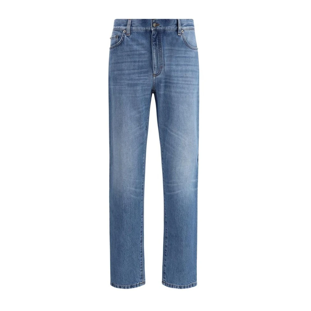 Ermenegildo Zegna High Waist Straight Cut Jeans met Leren Logo Patch Blue Heren