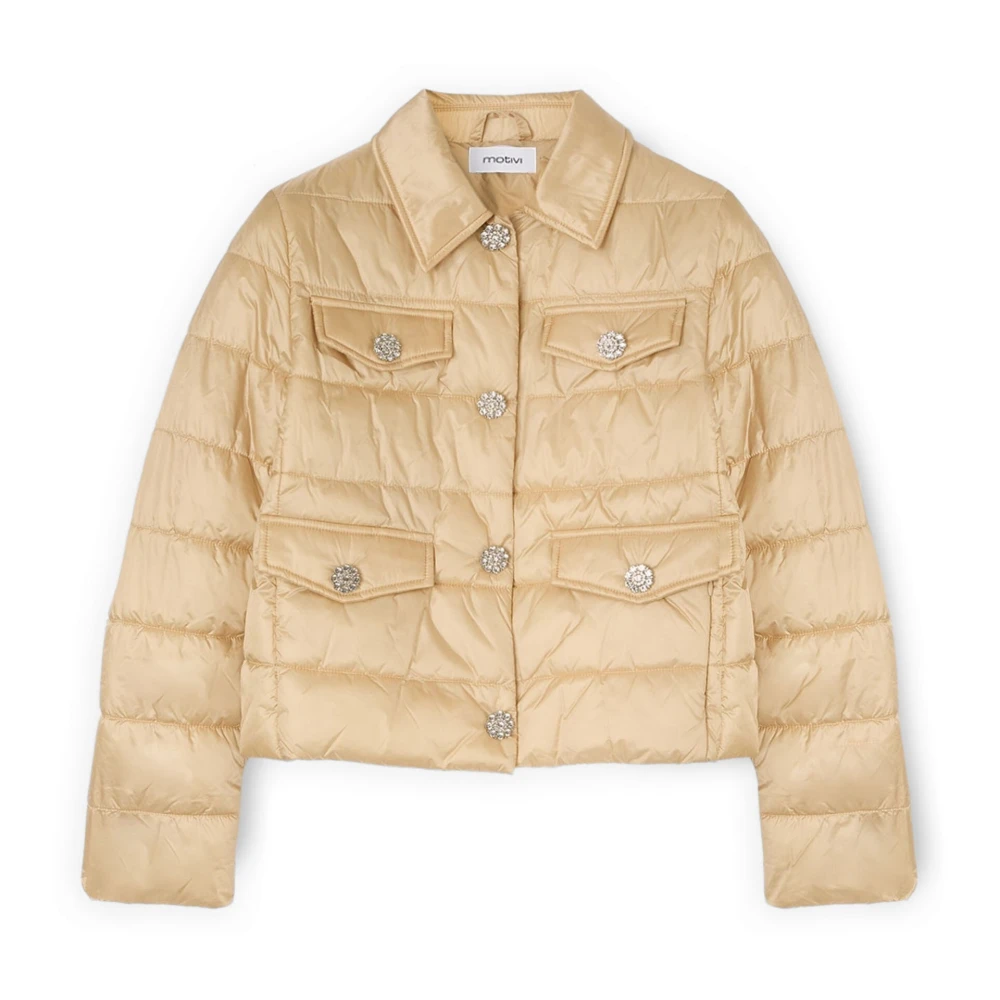 Motivi Vrouw Beige Jassen Dames, L, Polyester, Korte Lichtgewicht Donsjas Met Juwelknoopjes