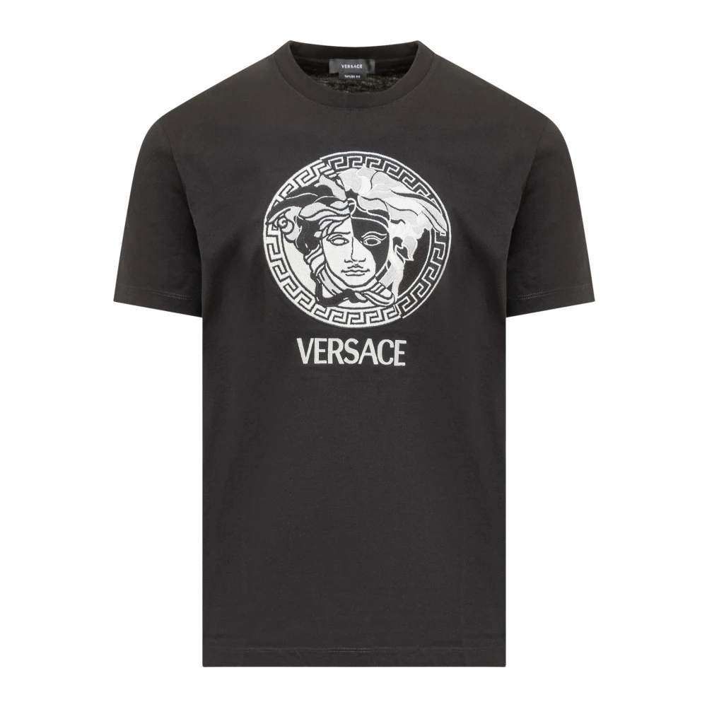 Versace Zwart Crew Neck T-shirt met Geborduurd Medusa Logo Black Heren
