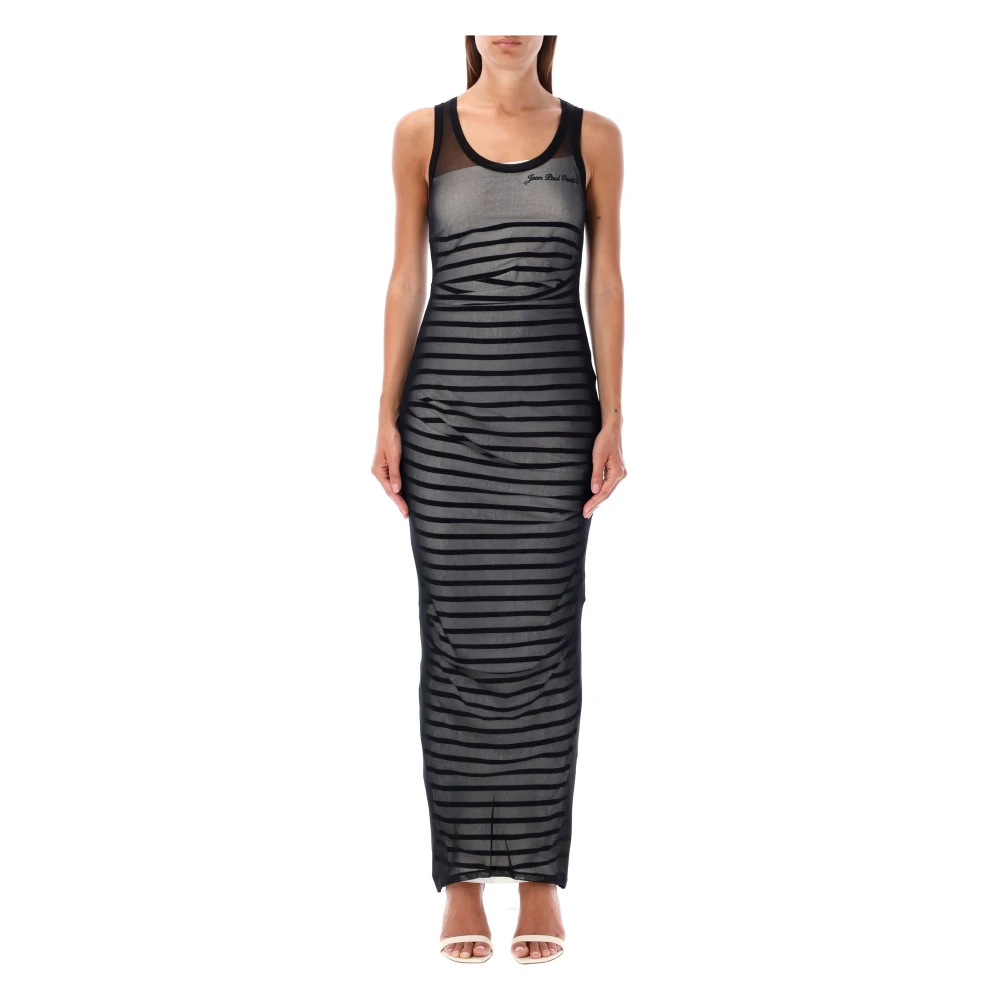 Jean Paul Gaultier Gestreepte Geribbelde Dubbellaagse Jurk Black Dames