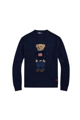 Polo Bear-stickad tröja i jacquardvävd bomullslinne