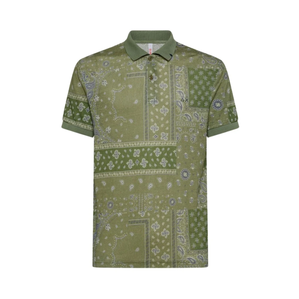 Sun68 Botanische Print Linnen Polo Shirt voor Heren Green Heren