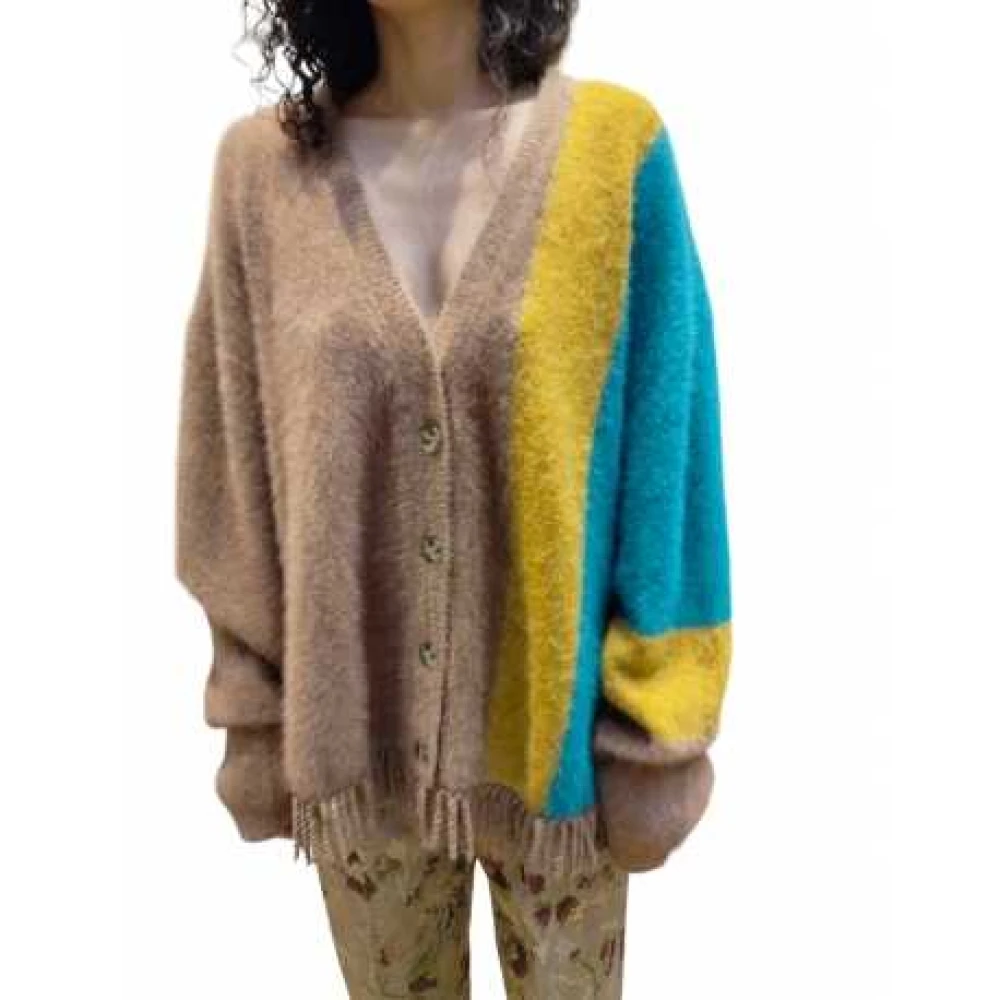 Mes Demoiselles Zijden Vos Cardigan Kameel Geel Turquoise Multicolor Dames