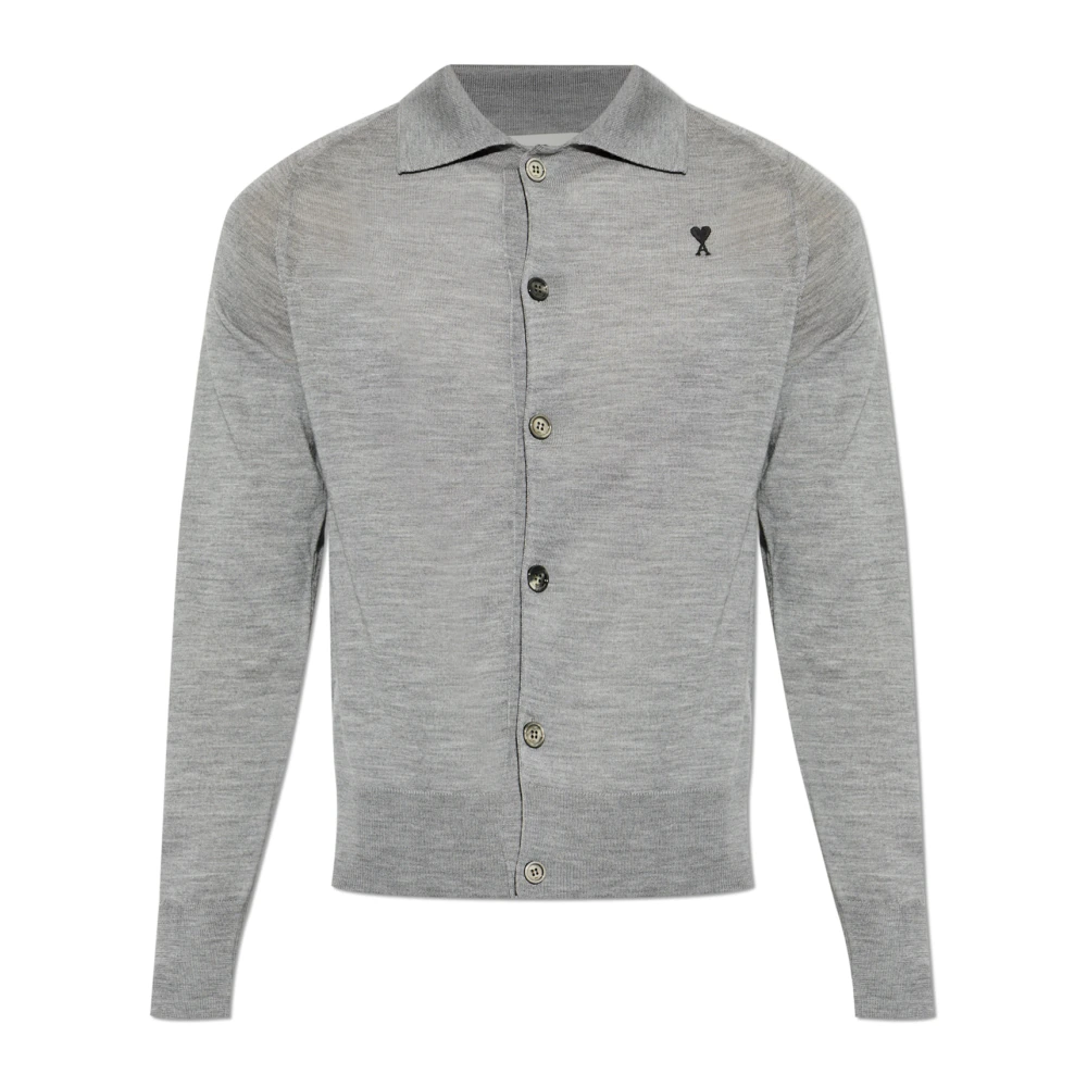 Ami Paris Men's Gray Cardigans, L, Wool Cardigan With Embroidered Logo