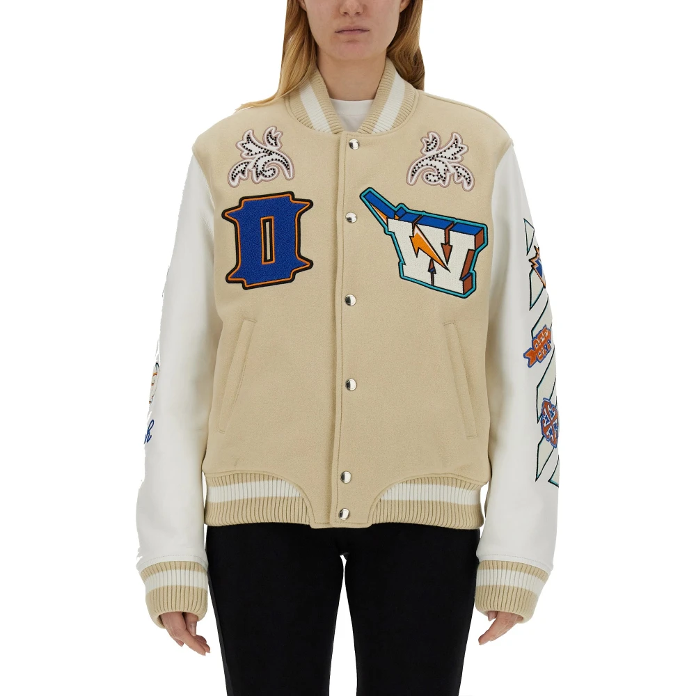 Off White Beige Bomber Jackets, Female, M, Thunderbolt Varsity