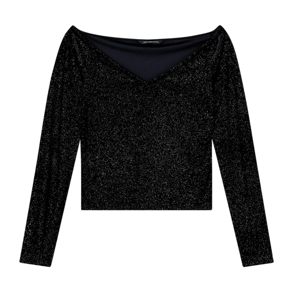 Armani Exchange Donna Nero Maglia Lurex Collo A V Maniche Lunghe