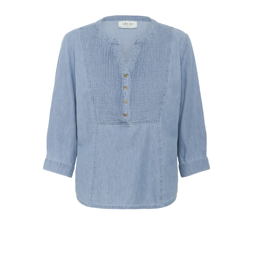 Cream Denim Blouse met V-hals en ¾ mouwen Blue Dames