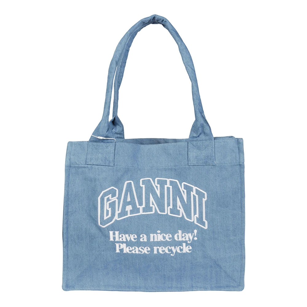 Ganni Logo Denim Shopper Tas Blue Dames
