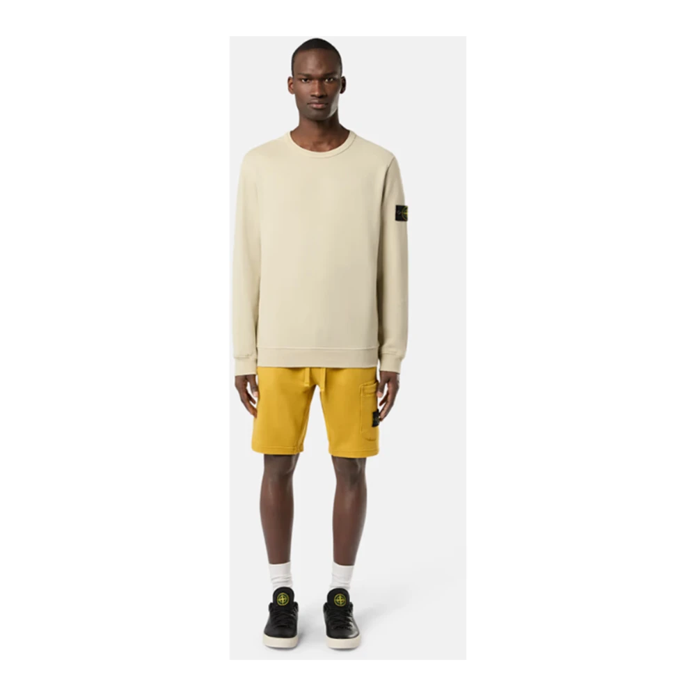 Stone Island Geribbelde Crewneck Geborsteld Katoen Fleece Sweater Beige Heren