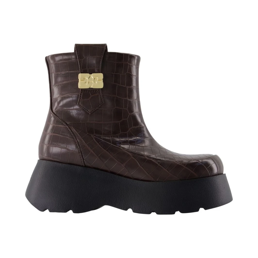 Ganni Women's Brown Croc Ankle Boots - Leather