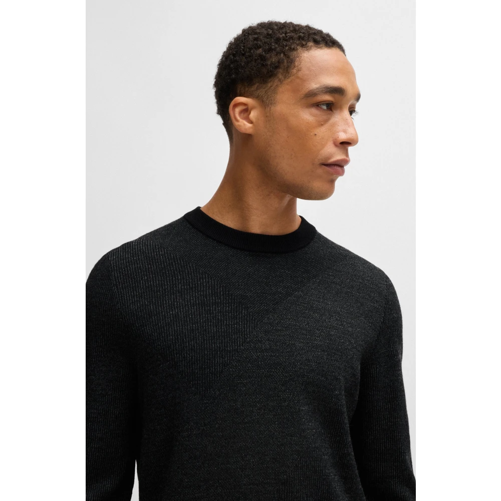 Hugo Boss Zwart Jacquard Gebreide Trui Black Heren