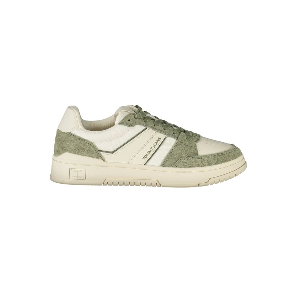 Tommy Hilfiger Men's Multicolor Sneakers, 7 Uk, White Leather Sneaker Green Accents