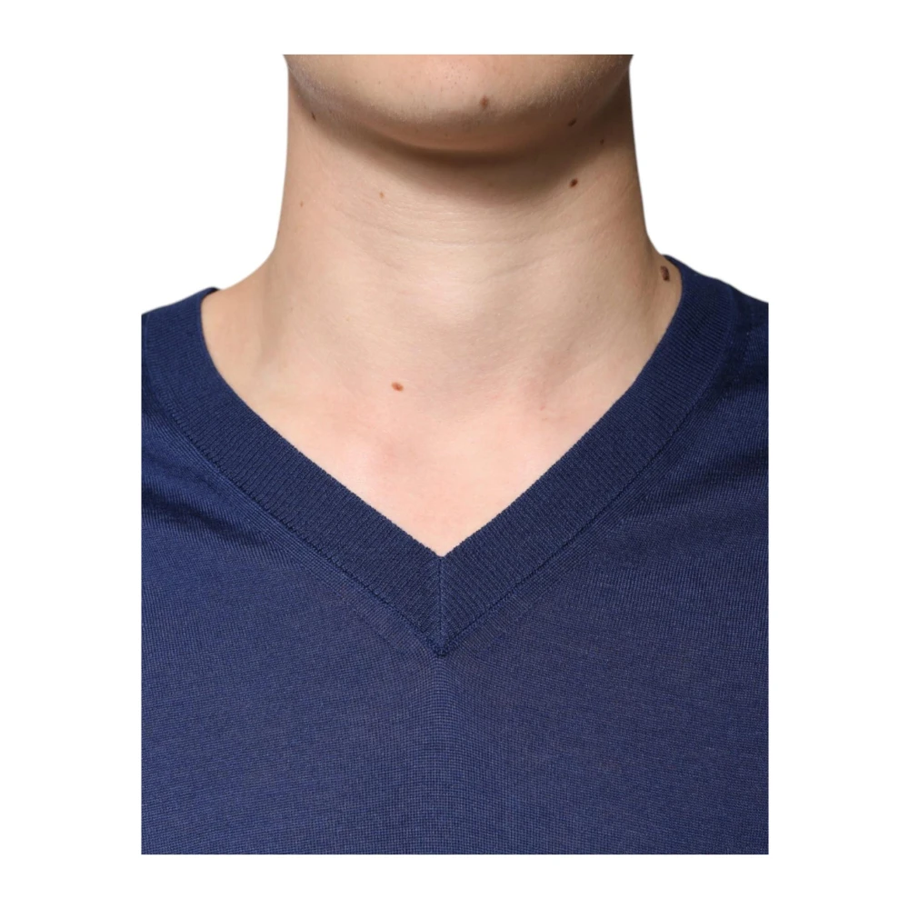 Dolce & Gabbana Navy Blauwe Cashmere V-Hals Trui Blue Heren