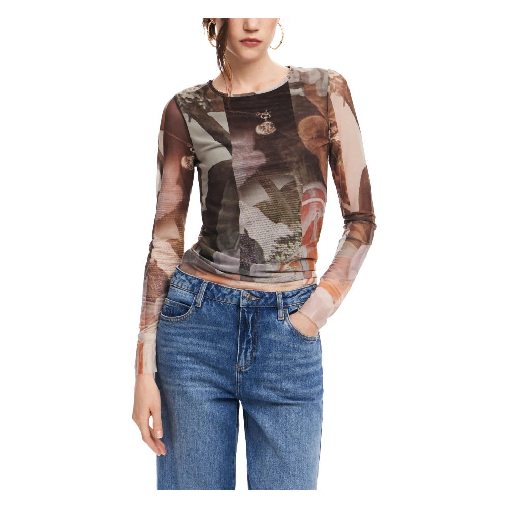 Desigual Bruine Bedrukte Lange Mouw T-shirt Brown Dames