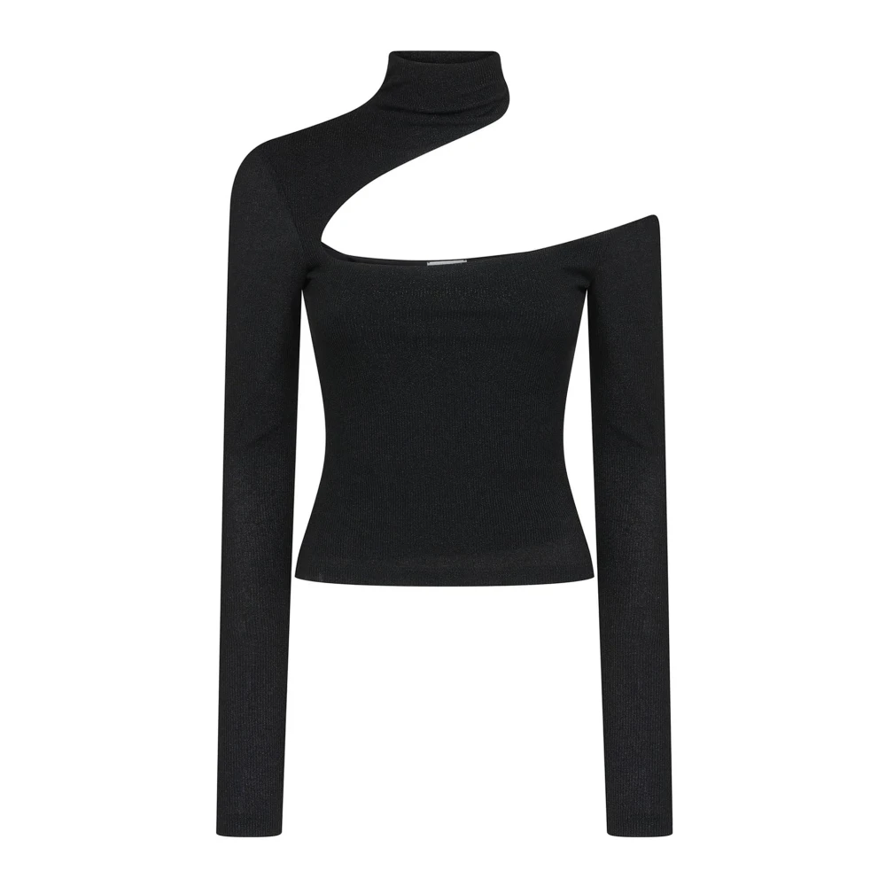 Amen Zwarte Geribbelde Lurex Hoge Hals Top Black Dames
