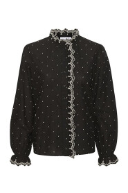 Czarna bluzka z bufiastymi rękawami i haftowanymi falbankami