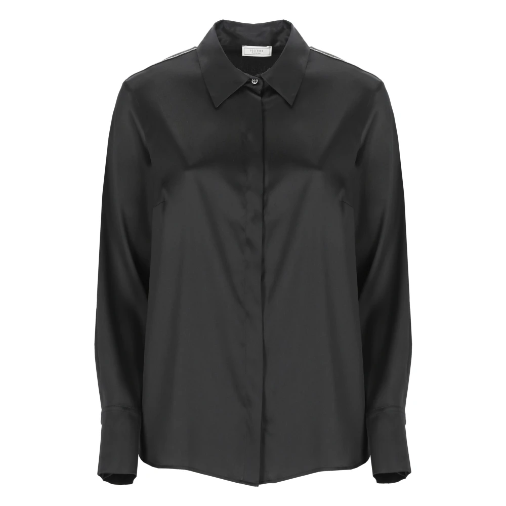 PESERICO Zwarte Satijnen Shirt met Kraag Black Dames