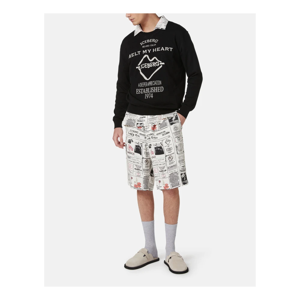 Iceberg Zwarte crewneck sweater van dubbel jacquard katoen met graphics Black Heren