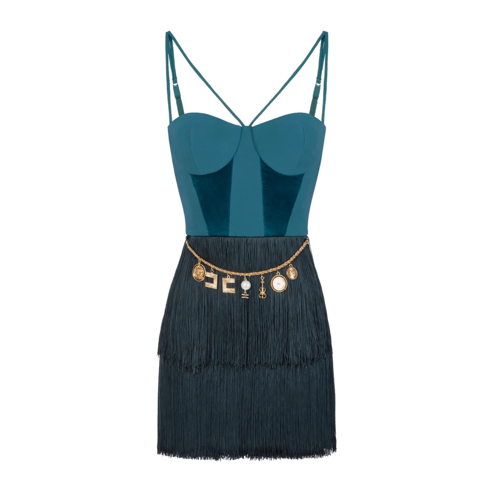 Elisabetta Franchi Korte elegante jurk met franjes Green Dames