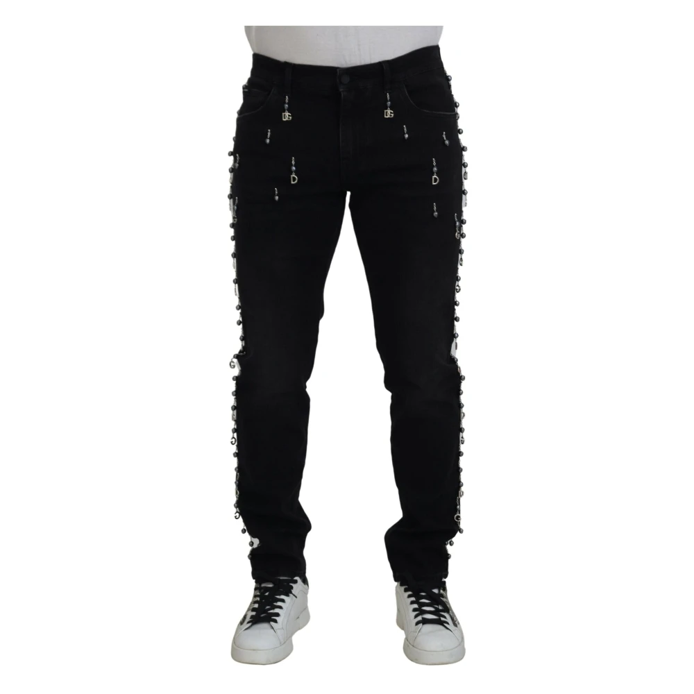 Dolce & Gabbana Zwarte Slim Fit Jeans met Versierde Logo Plaques Black Heren
