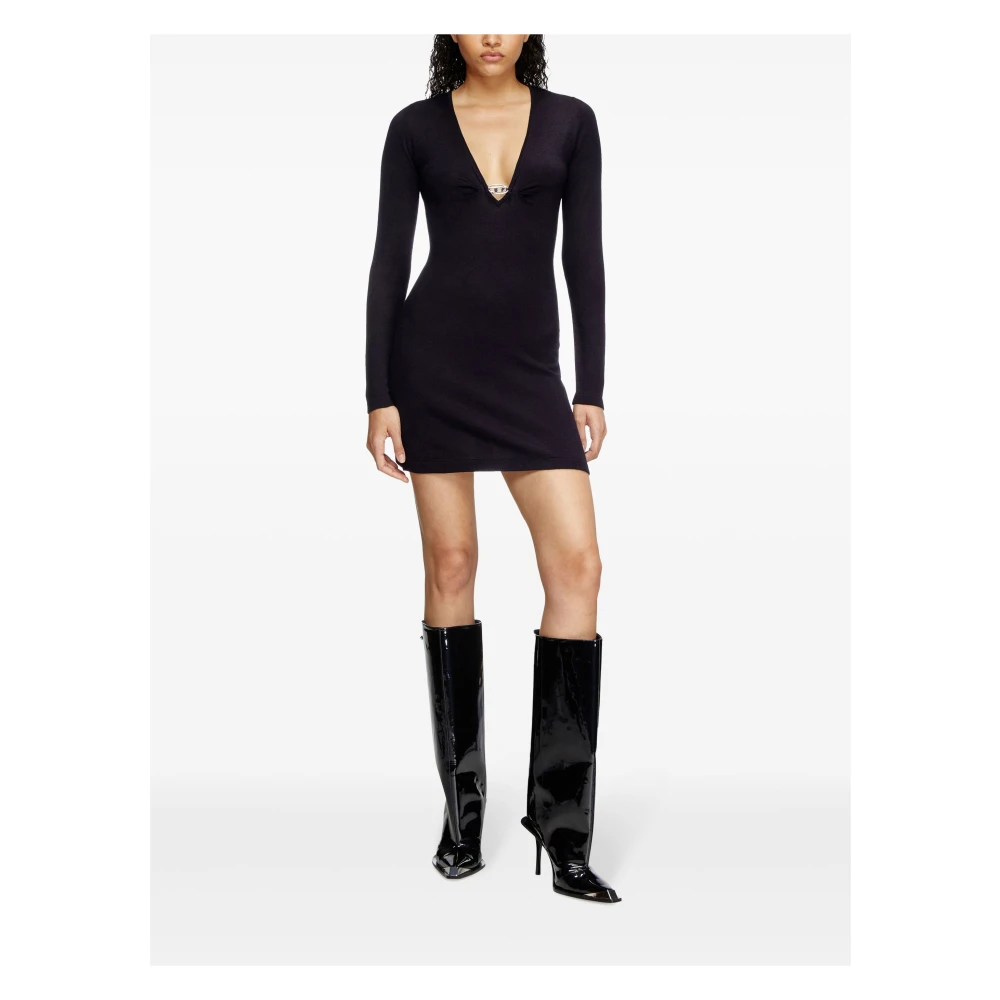 Diesel Zwarte Wollen V-Hals Jurk Metalen Detail Black Dames