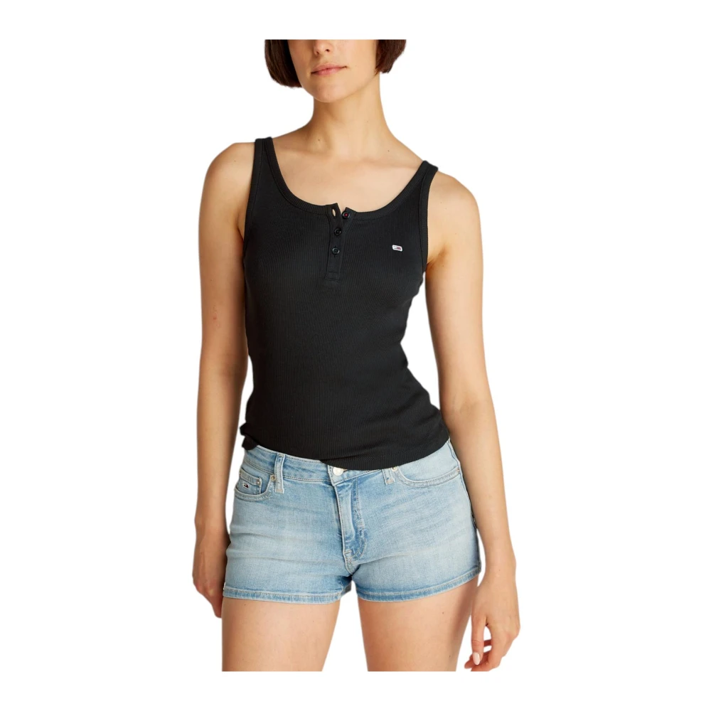 Tommy Jeans Zwarte Katoenen Knoop-Op Top met Ronde Hals Black Dames