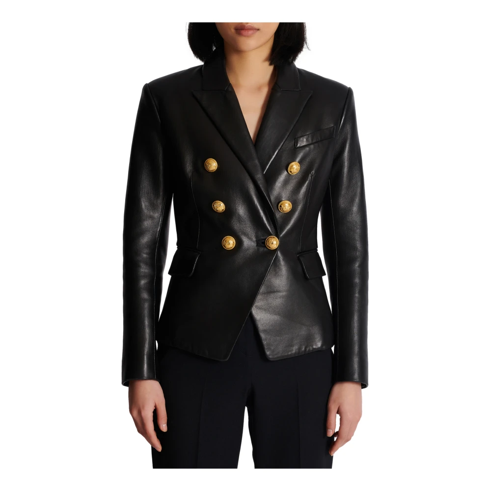 Balmain Klassieke 6-knopen leren jas Black Dames