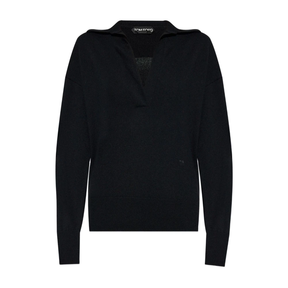 Tom Ford Women's Black Cashmere Knitwear, L, Long Sleeve Cashmere Polo