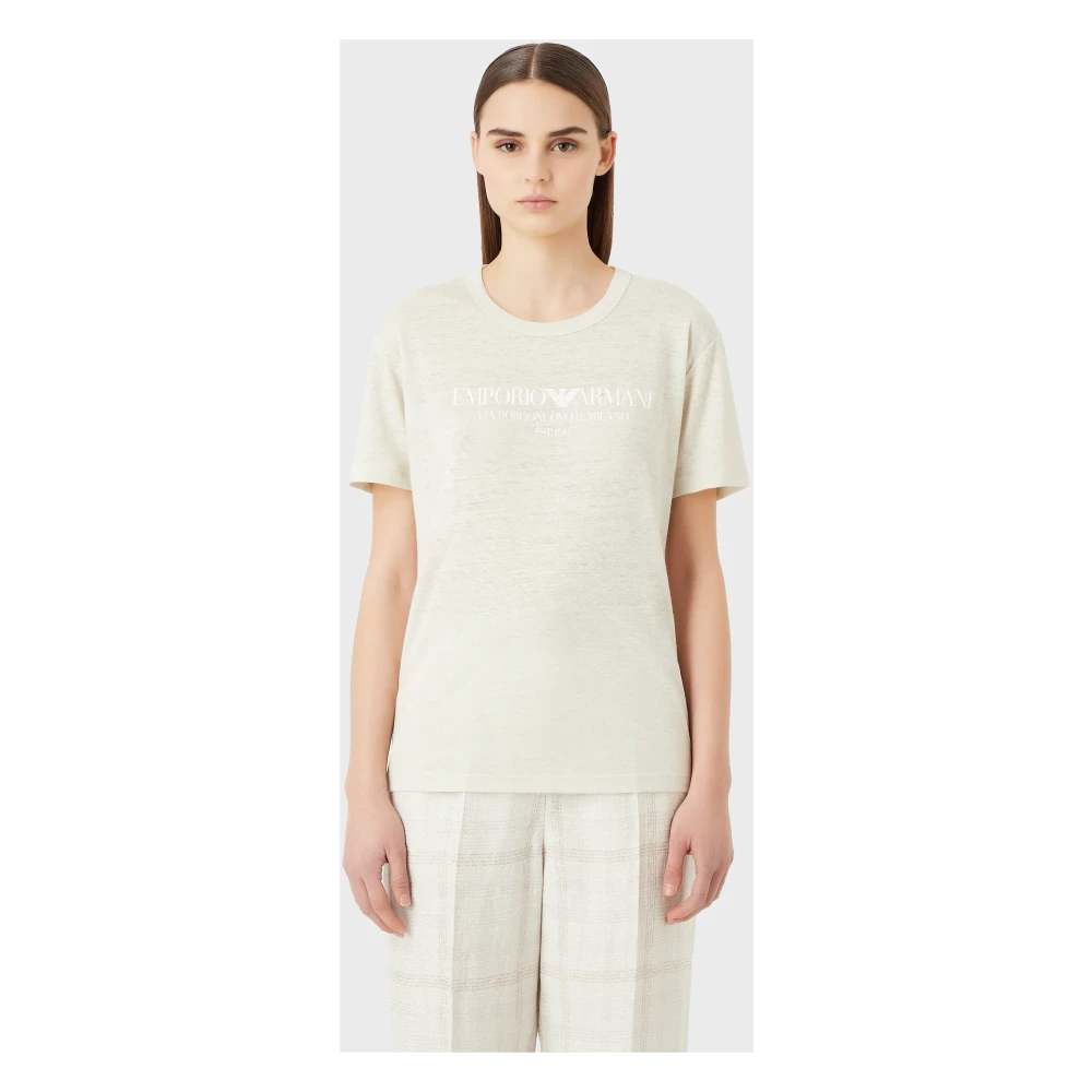 Emporio Armani Iconische Jersey T-shirt met Logo Print Beige Dames
