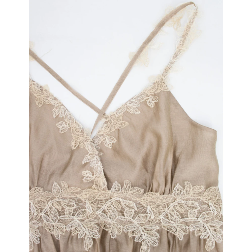 Ermanno Scervino Bloemen Kant Lange Jurk met Volant Beige Dames