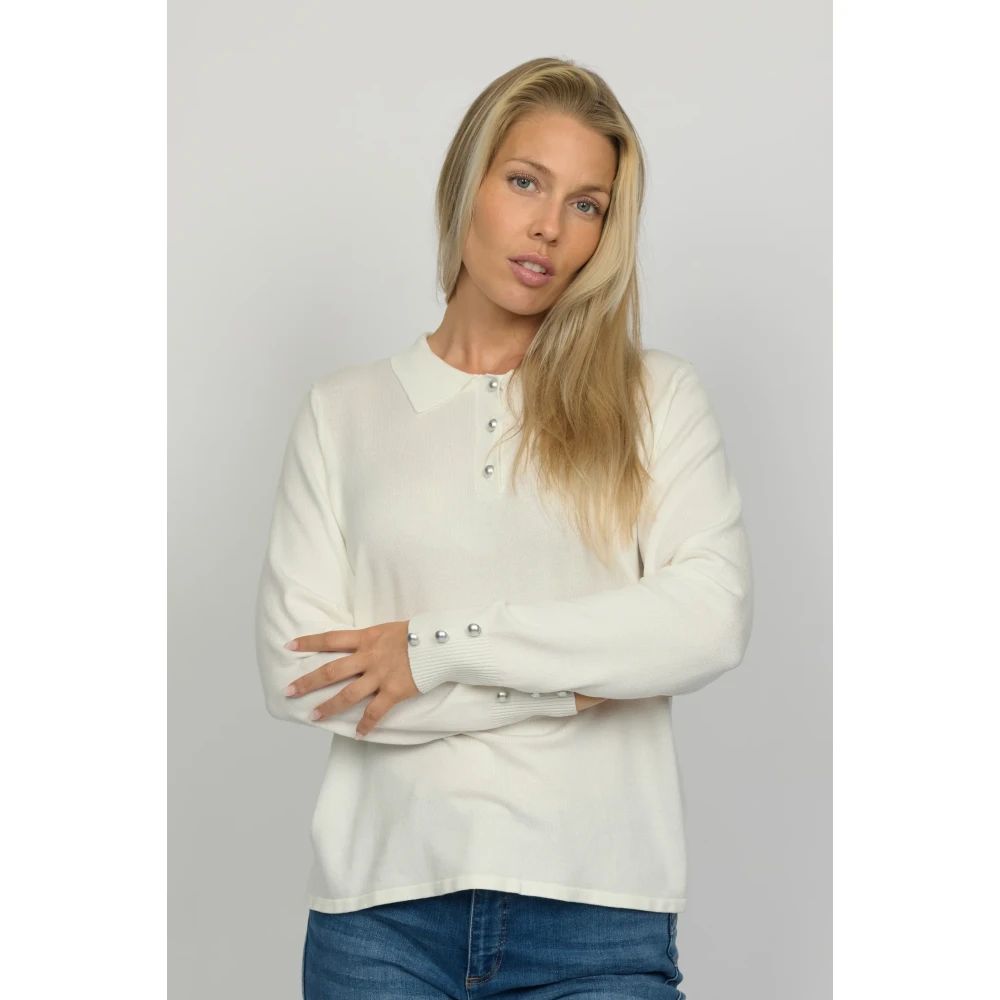 2-Biz Crème Liona Trui met Kraag en Parels Beige Dames
