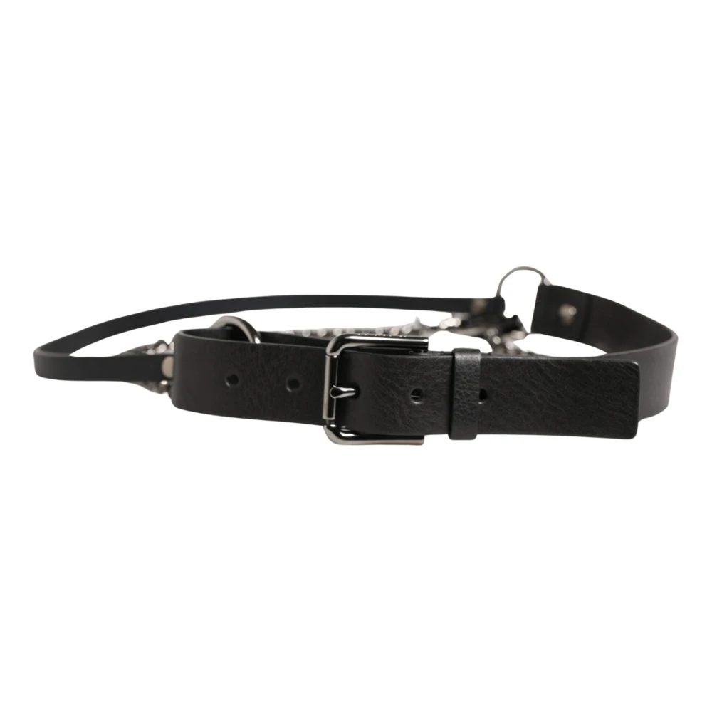 Dolce & Gabbana Leather Silver Chain Waist Belt - Unisex - Belts - Black - One Size - Accessories