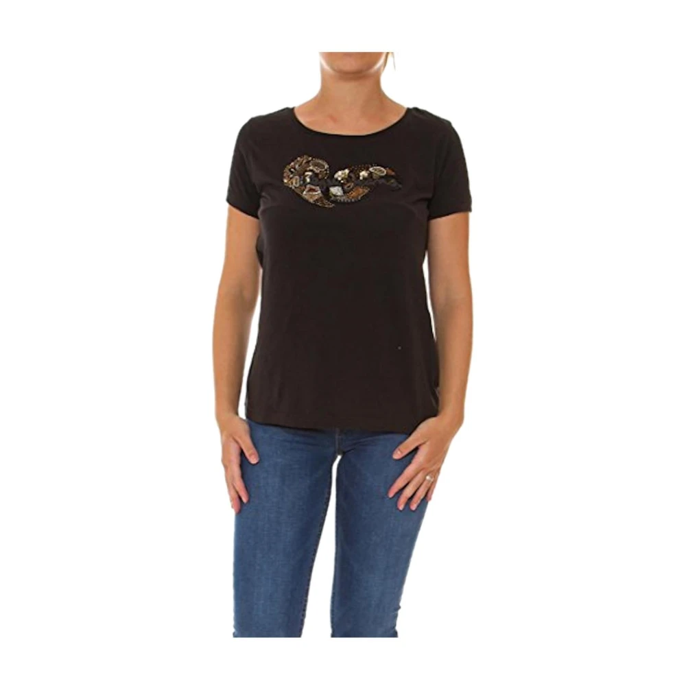 Pepe Jeans Women's Black Short Sleeve Cotton T-Shirt With Beaded Sequin Print