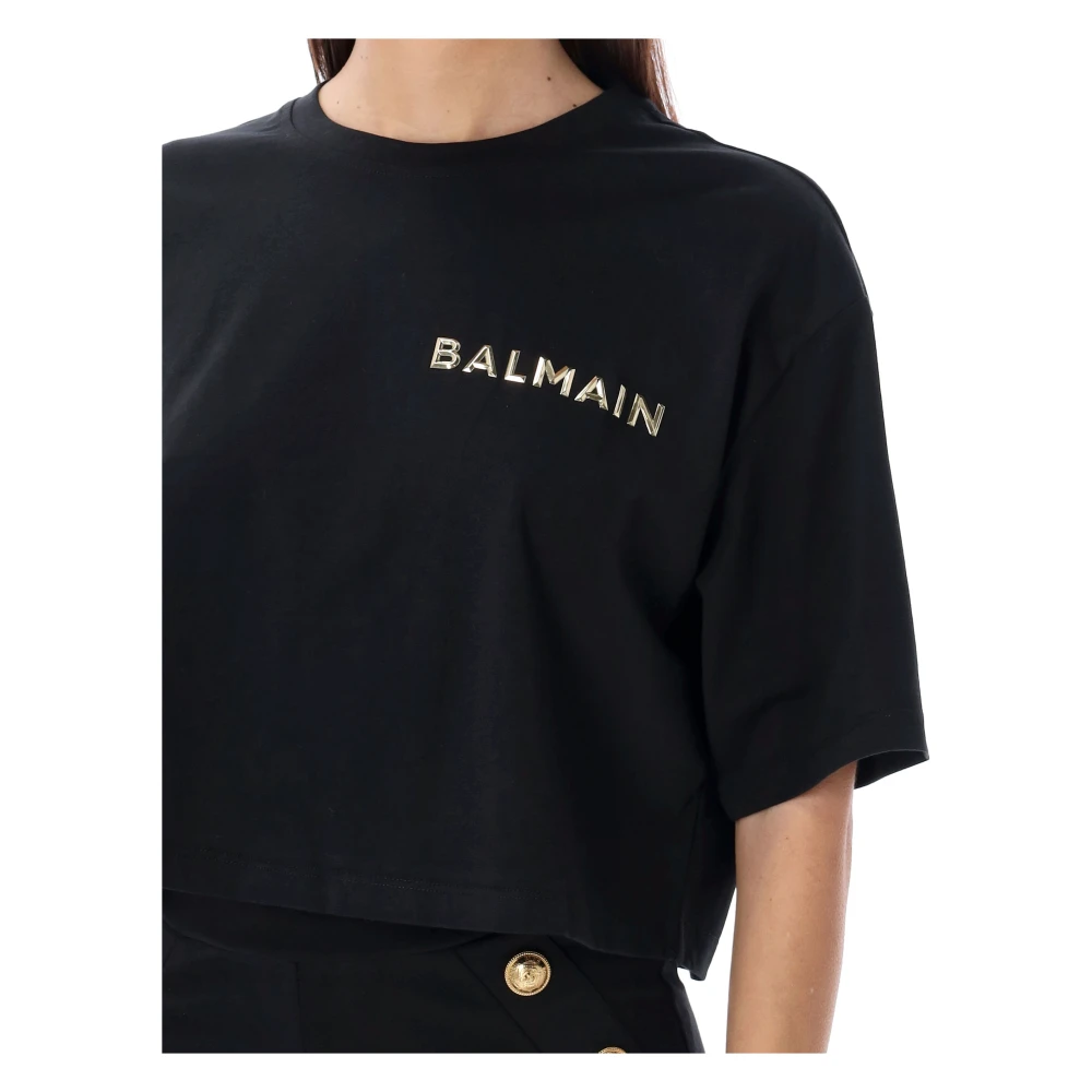 Balmain Gouden Logo Cropped Tee Black Dames