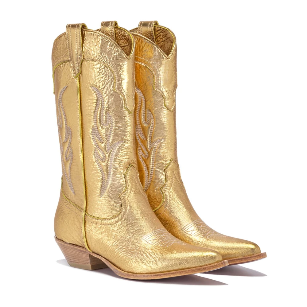 Sonora Cowboylaarzen van goud gelamineerd leer met off-white borduursel Yellow Dames