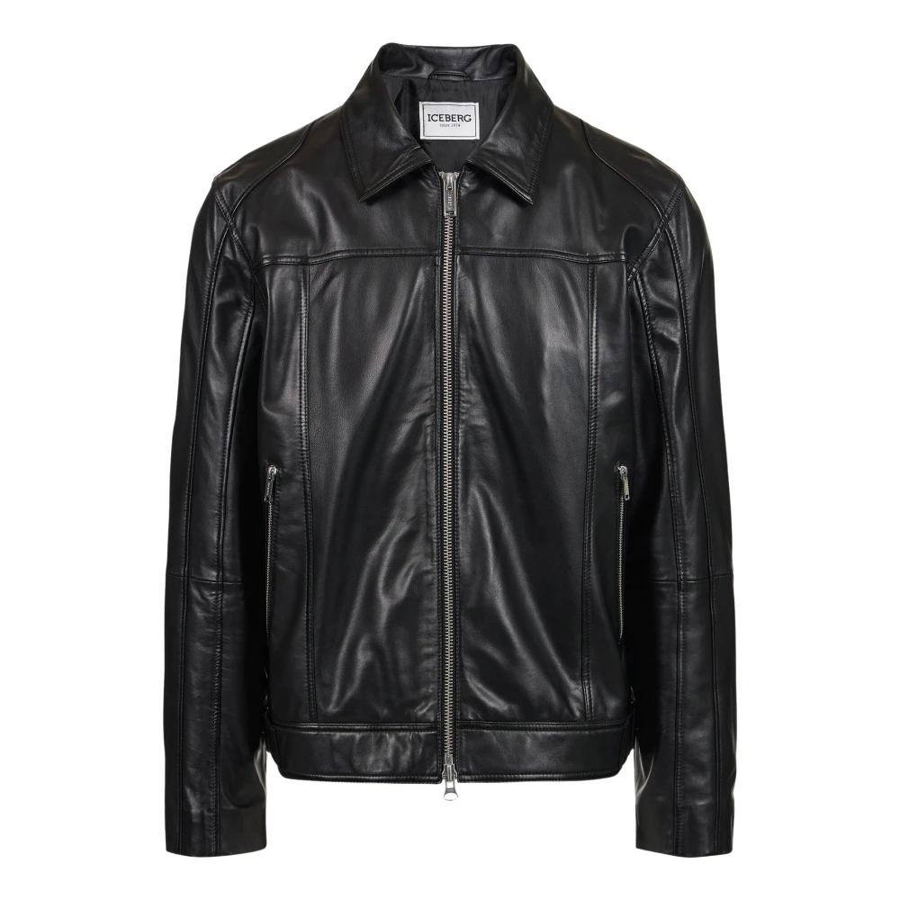 Iceberg Zwarte nappa leren motorjack met logo Black Heren